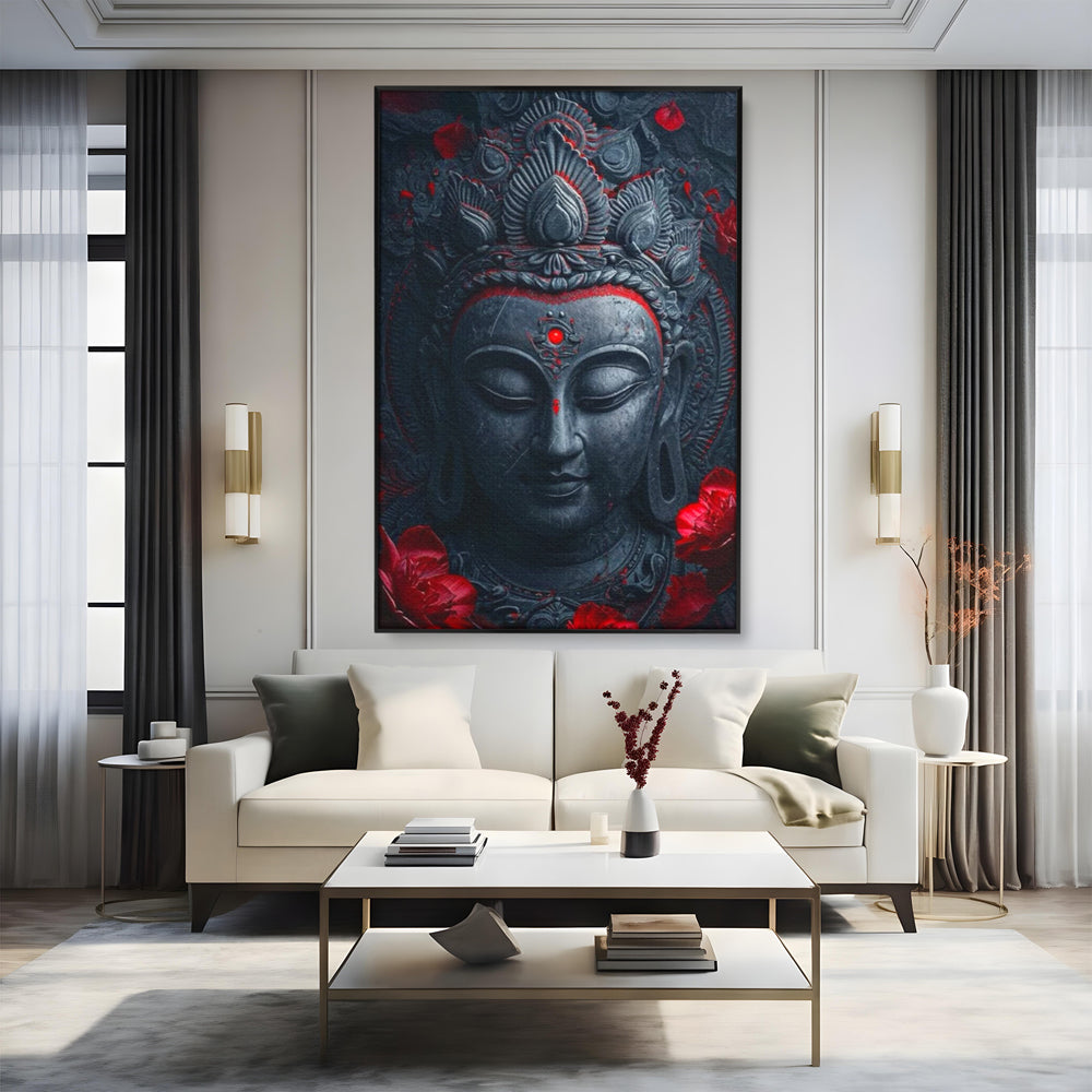 Tablou canvas cu tablou canvas cu capul lui buddha, in rama de aluminiu negru, pe perete intr-un living